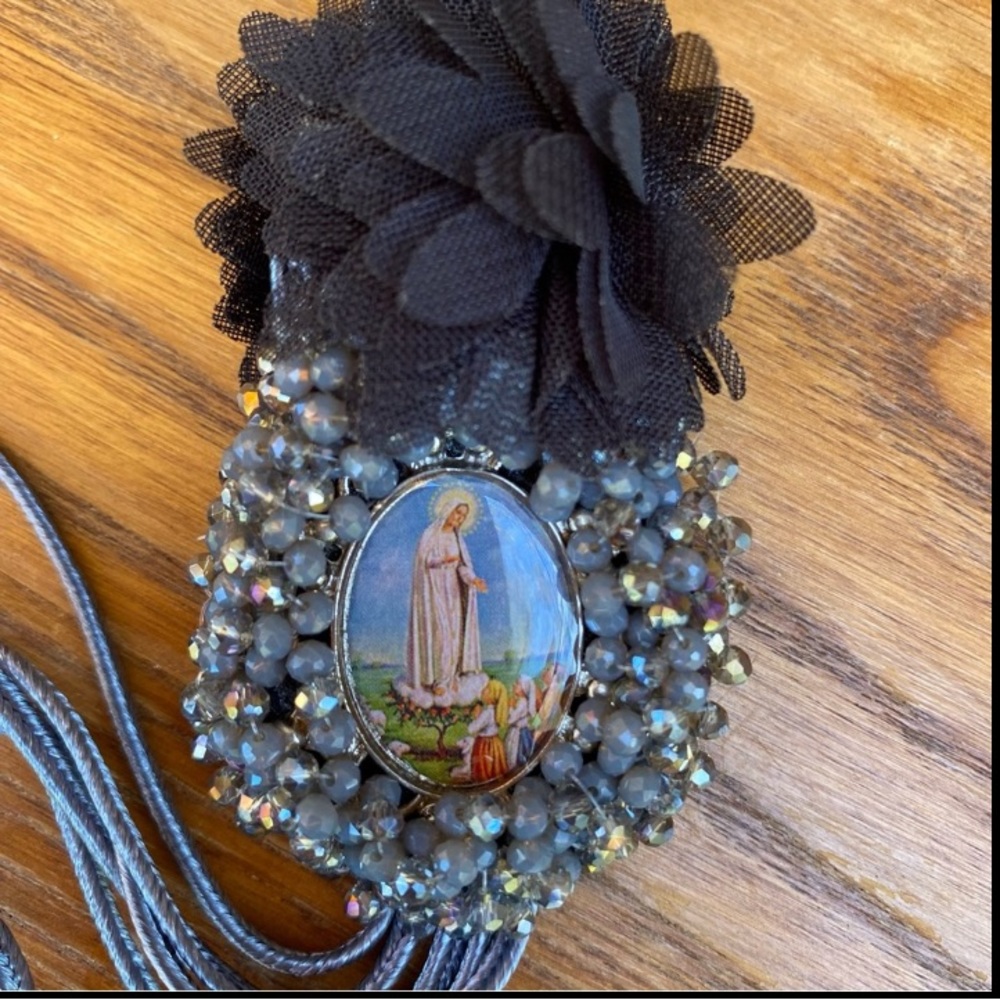 Mother Mary w/medallions handmade gray ribbon door hanger Catholic orname